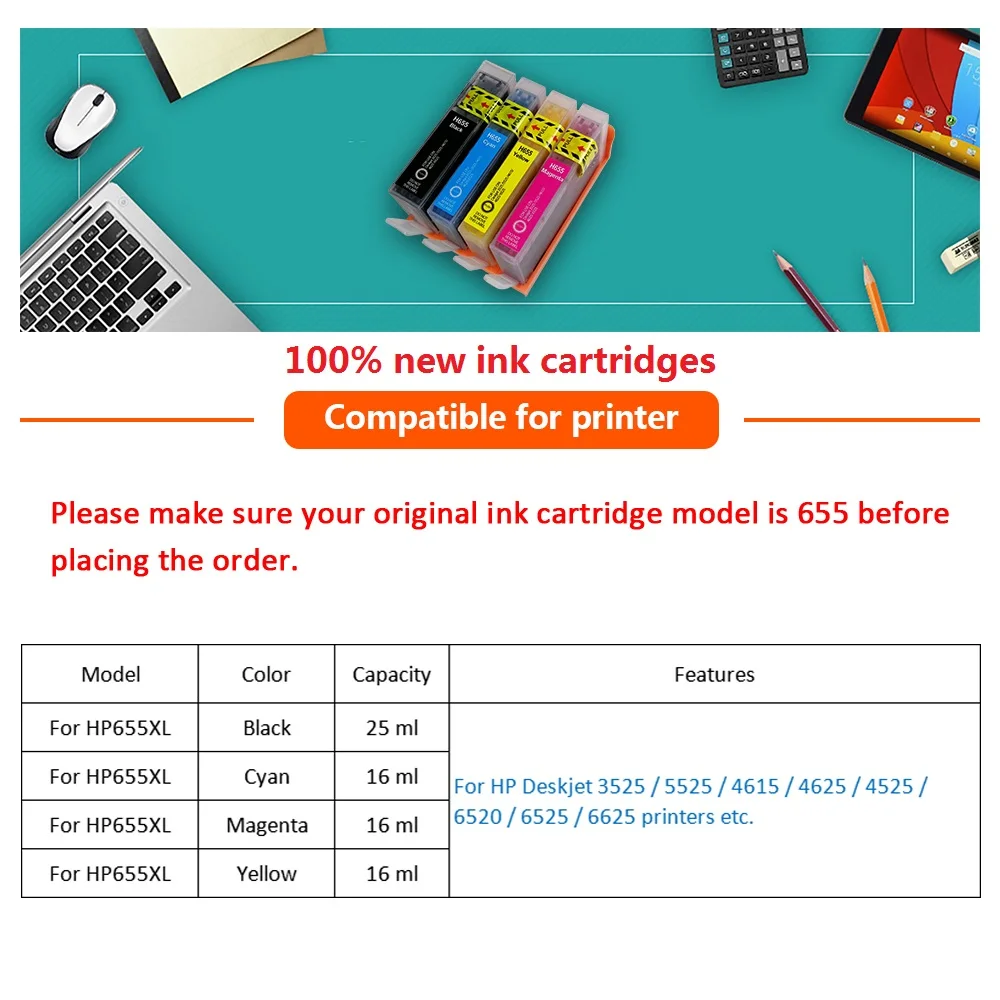 Xiangyu free shipping 4 Compatible for HP655 for hp 655 for hp655xl 655xl ink cartridge for HP3525/4615/4625/5525/6520/6600/7110
Xiangyu free shipping 4 Compatible for HP655 for hp 655 for hp655xl 655xl ink cartridge for HP3525/4615/4625/5525/6520/6600/7110