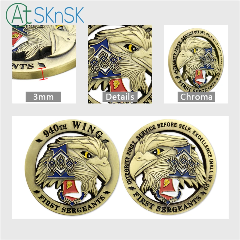 50pcs/lot CUT OUT U.S. Air Force 940th Wing First Sergeants Eagle Bronze Plated Souvenir Challenge Coin USAF Commemorative Gifts
50pcs/lot CUT OUT U.S. Air Force 940th Wing First Sergeants Eagle Bronze Plated Souvenir Challenge Coin USAF Commemorative Gifts