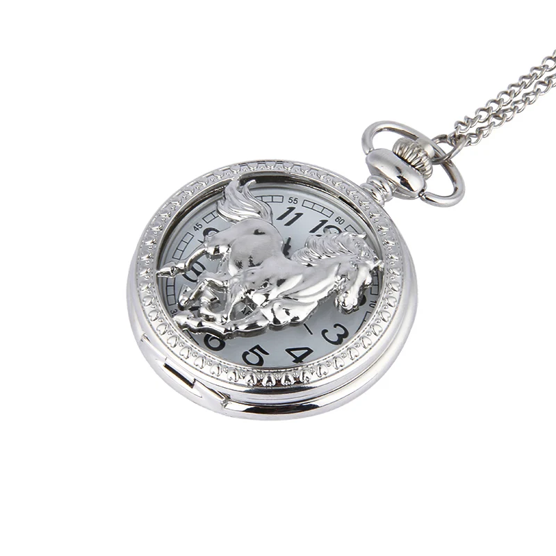 

Fashion Silver Color Horse Hollow Quartz Pocket Watch Chain Pendant Necklace for Women Men Gifts LXH