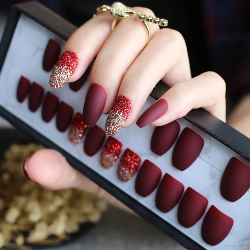 Burgundy Ombre glitter fake nails coffin blue full set Black Gradeint false nail matte with flash Ballerina red medium customize
Burgundy Ombre glitter fake nails coffin blue full set Black Gradeint false nail matte with flash Ballerina red medium customize