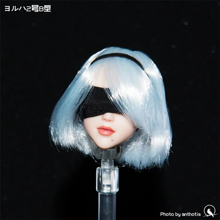 

1/6 Scale Female Head Sculpt with Movable Eyes Automata 2B Girl Short White Hair Head Carving Model for 12'' Female Figure Body