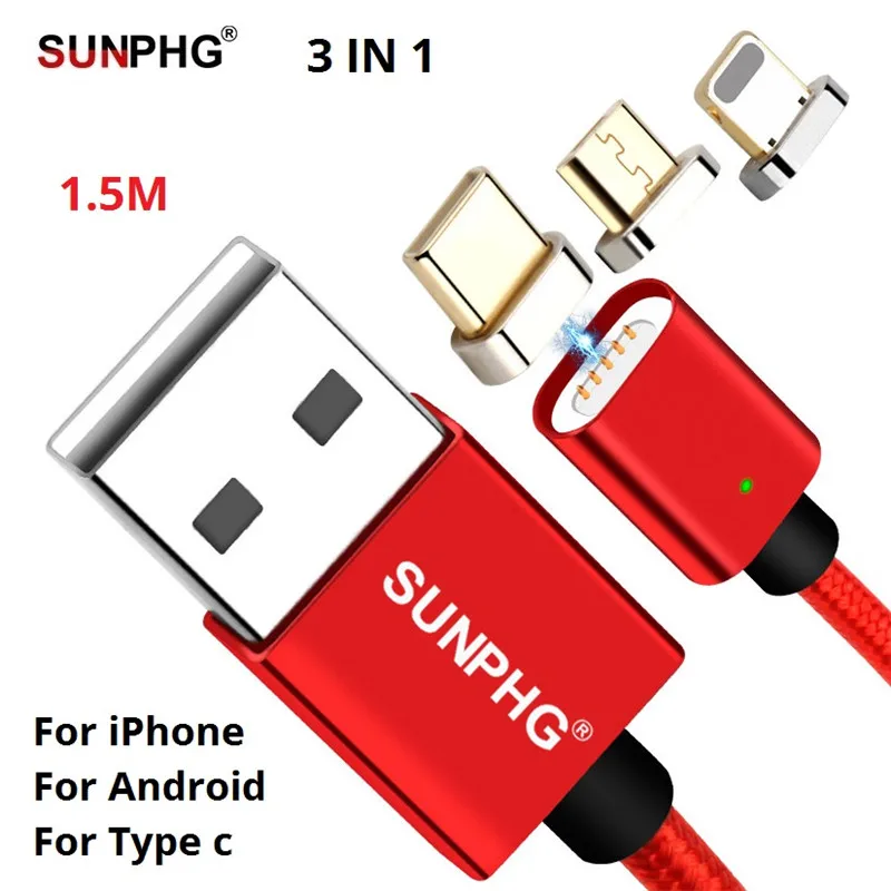 Фото Магнитный кабель SUNPHG 1 5 м а Тип C микро USB быстрая зарядка магнитное зарядное