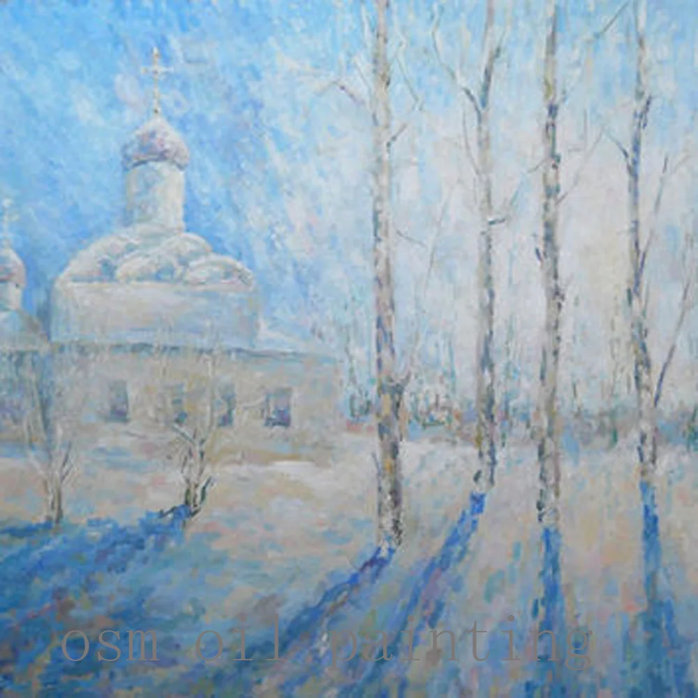 

High Skill Hand Painted Abstract Winter landscape Temple Impasto Church Winter Russian Canvas Oil paintings Handmade Calligraphy