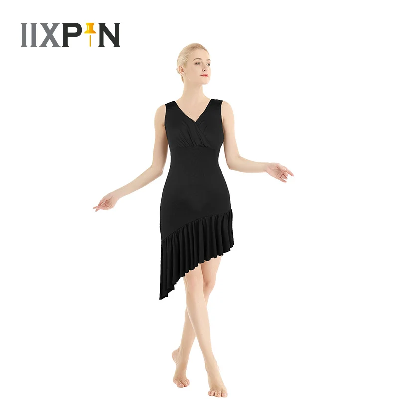 Women Latin Dance Dress Sleeveless V-neck Ruffled Asymmetric Latin Rumba Dance Dress Stage Costume Women lyrical dance costumes
Women Latin Dance Dress Sleeveless V-neck Ruffled Asymmetric Latin Rumba Dance Dress Stage Costume Women lyrical dance costumes