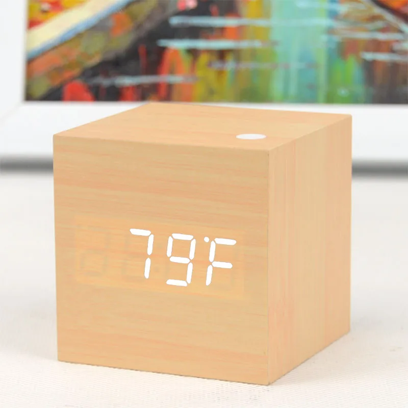 Многоцветный СВЕТОДИОДНЫЙ Деревянный Будильник Cube современный звуковой