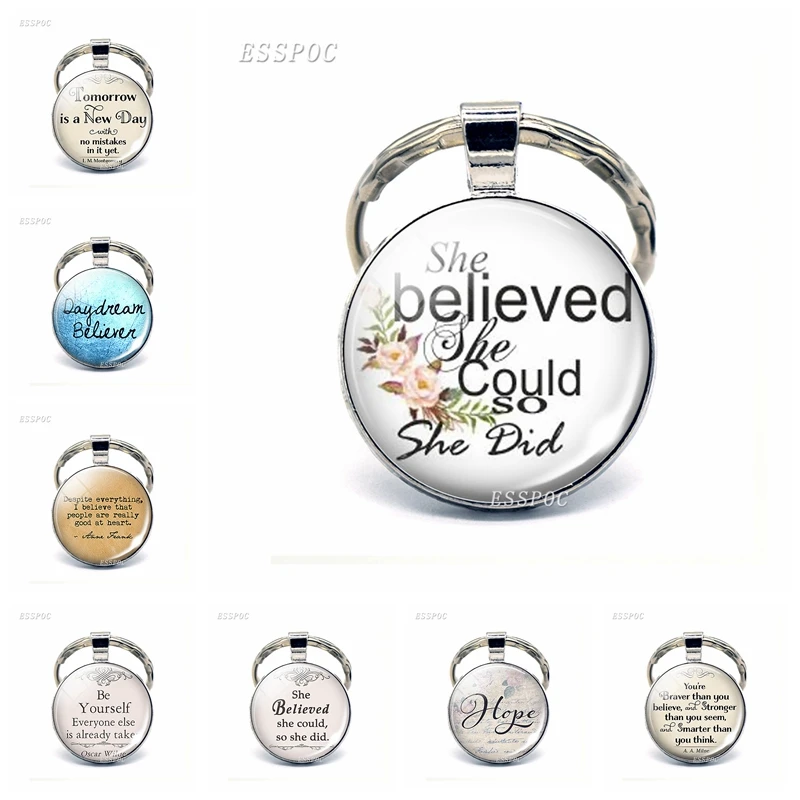

She Believed She Could So She Did Inspirational Quote Keychain Glass Dome Pendant Car Key Rings Jewelry Girl Birthday Gifts