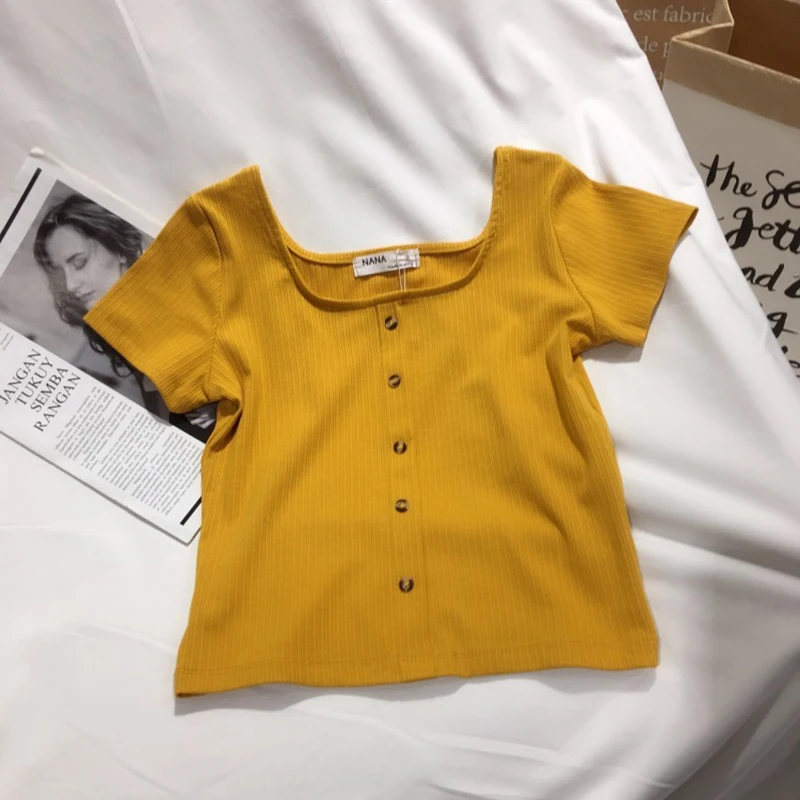 T-shirt Square Collar 2020 Summer Women Knitting Short Sleeve T-shirt With Button Cotton Fashion Solid T-shirt Ladies TT525
T-shirt Square Collar 2020 Summer Women Knitting Short Sleeve T-shirt With Button Cotton Fashion Solid T-shirt Ladies TT525