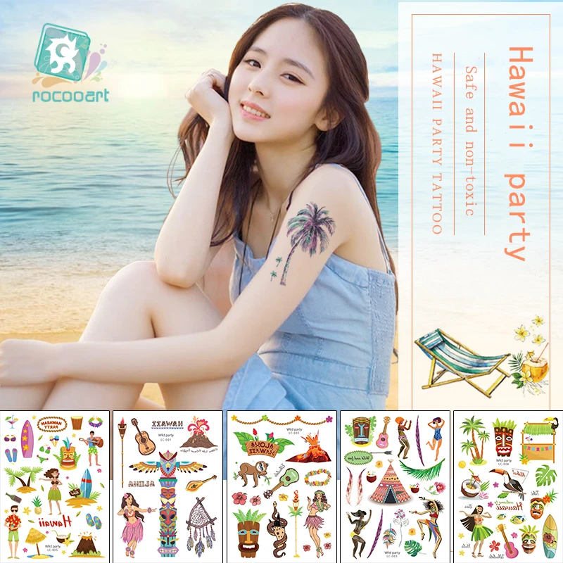 Временная тату-наклейка Rocooart Hawaii Flamingo с тропическим декором для детского дня