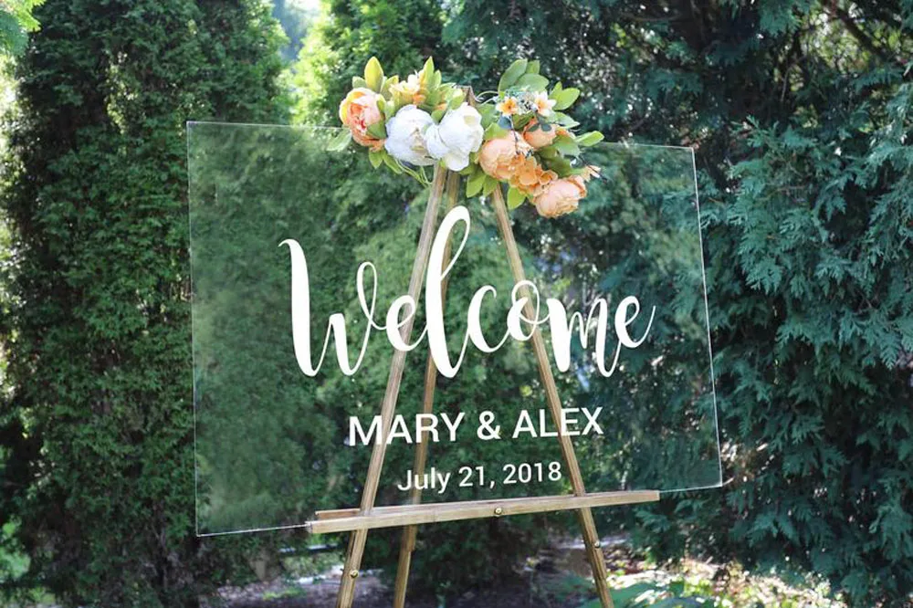 

Welcome Wedding Sign Decal Rustic Wedding Decor Personalized Names Date Board Mirror Wall Stickers Removable Simple G331