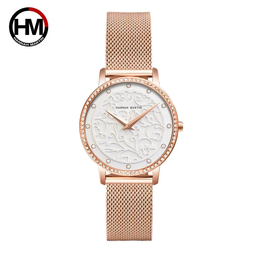 

Women Rhinestones Watches Fashion White Flower 3D Engraving Dial Face Japan Mov't Waterproof Top Luxury Brand Ladies Watches
