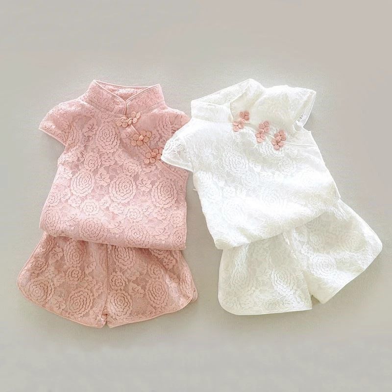 MERI AMMI 1-13 Year 2pcs Girl Clothing Outfit Set Chinese Hanfu Tang Suit Lace Top+Shorts For Baby Kids