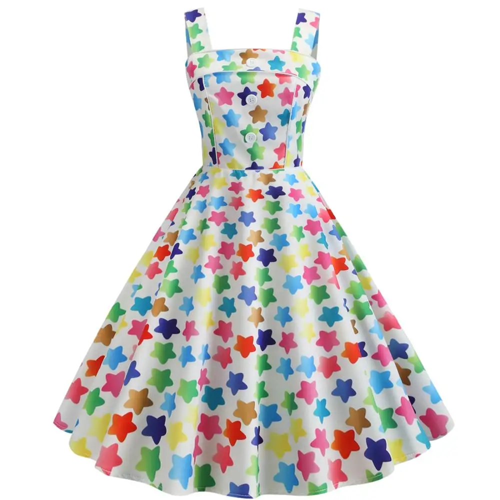 Women Color Stars Print Wide Strap Dress Button Woman Elegant 1950s Retro Swing Vintage Dress Ladies Square Neck Party Dresses
Women Color Stars Print Wide Strap Dress Button Woman Elegant 1950s Retro Swing Vintage Dress Ladies Square Neck Party Dresses
