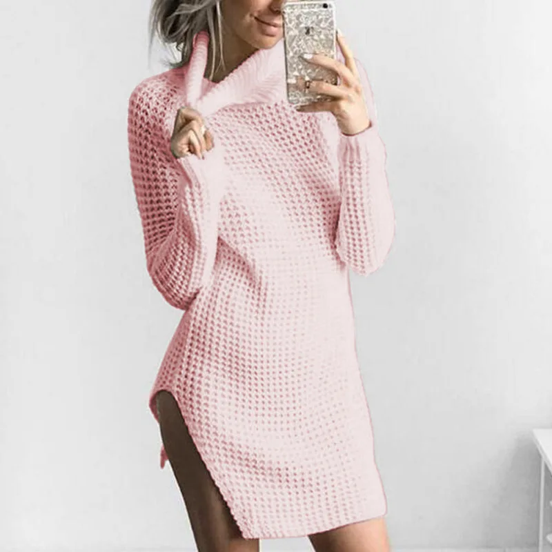Women Knitted Dress Vestidos Autumn Pink turtleneck Long Sleeves Split Side Mini Elegant Pullovers Dresses Clothing
Women Knitted Dress Vestidos Autumn Pink turtleneck Long Sleeves Split Side Mini Elegant Pullovers Dresses Clothing