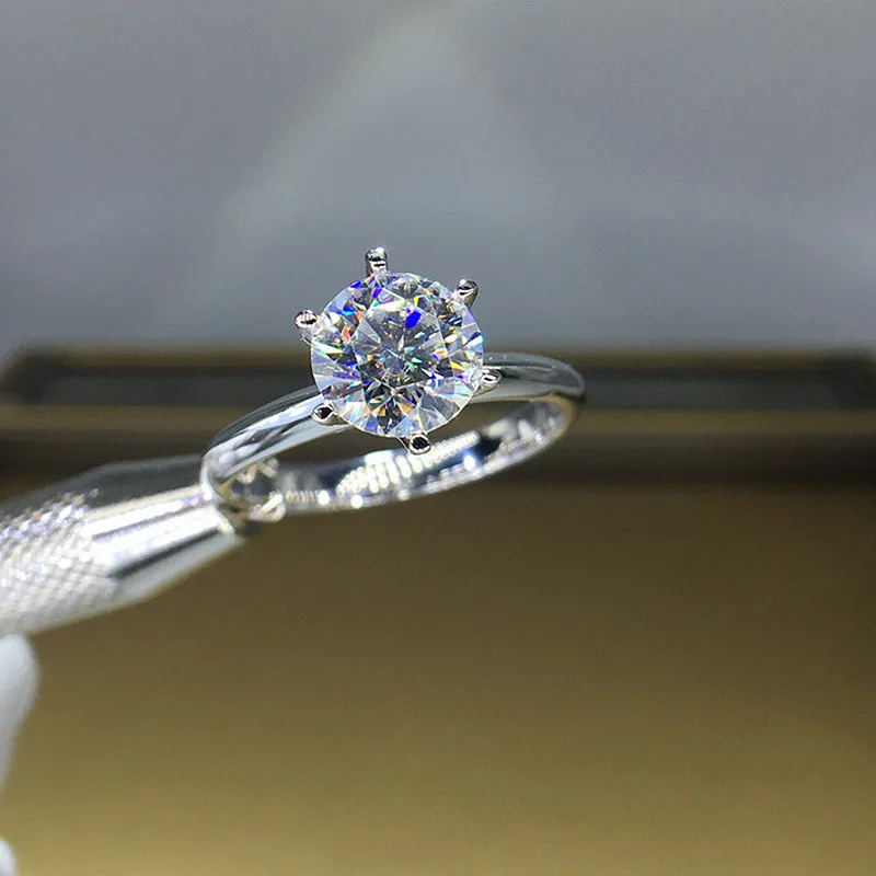 Solid 18K White Gold 1ct DF Moissanite 6 Prong Ring Solarite Lab Diamond Engagement Ring For Women