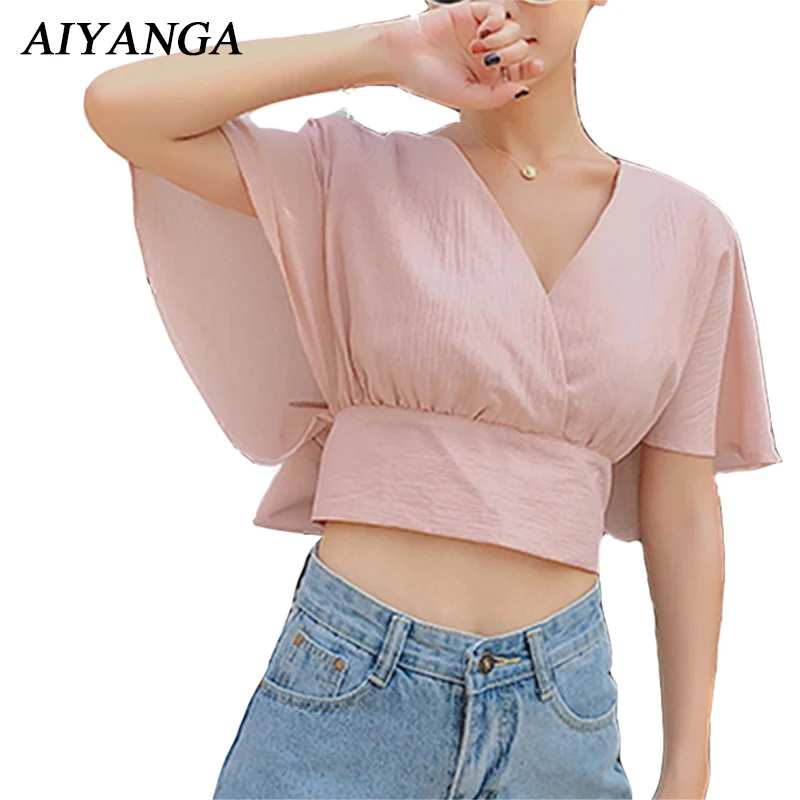 New Fashion Chiffon Crop Top Women V Neck Short Style Bow Bow Sleeve Summer 2018 Slim Female High Waist Tops Solid White Pink
New Fashion Chiffon Crop Top Women V Neck Short Style Bow Bow Sleeve Summer 2018 Slim Female High Waist Tops Solid White Pink