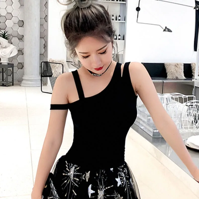Sexy Solid Sleeveless Women's Tshirt One Shoulder Strap Neckline T Shirt Black Top
Sexy Solid Sleeveless Women's Tshirt One Shoulder Strap Neckline T Shirt Black Top