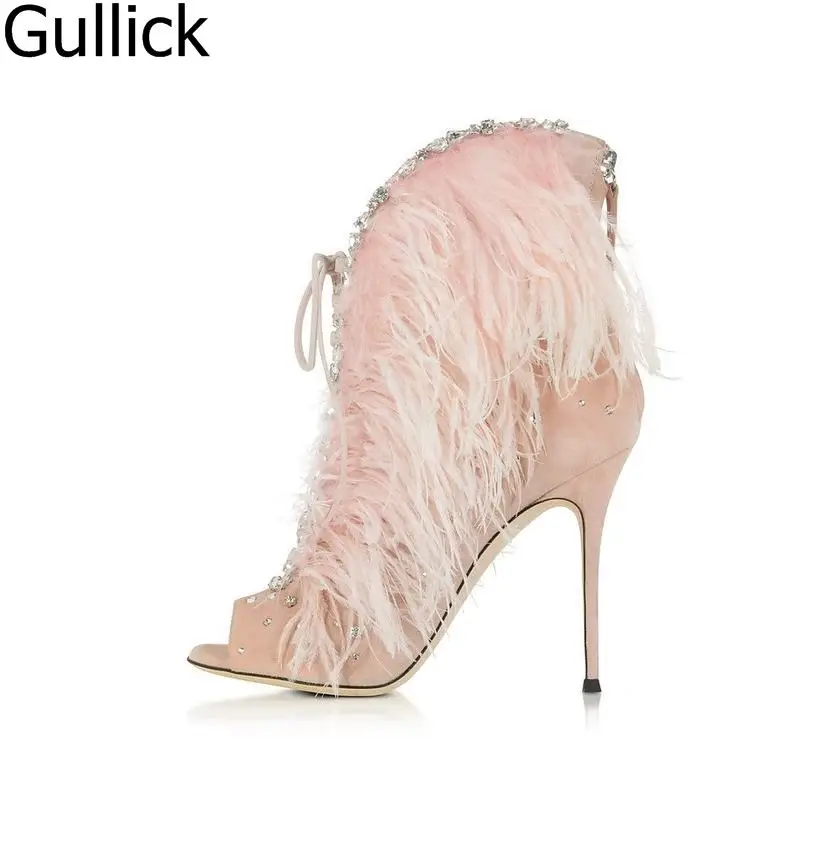 Women Elegant Pink Feathers Peep Toe Sandal Boots Spring Fashion Lace Up Crystal Decoration Ankle Boots Back Zipper High Heels
Women Elegant Pink Feathers Peep Toe Sandal Boots Spring Fashion Lace Up Crystal Decoration Ankle Boots Back Zipper High Heels
