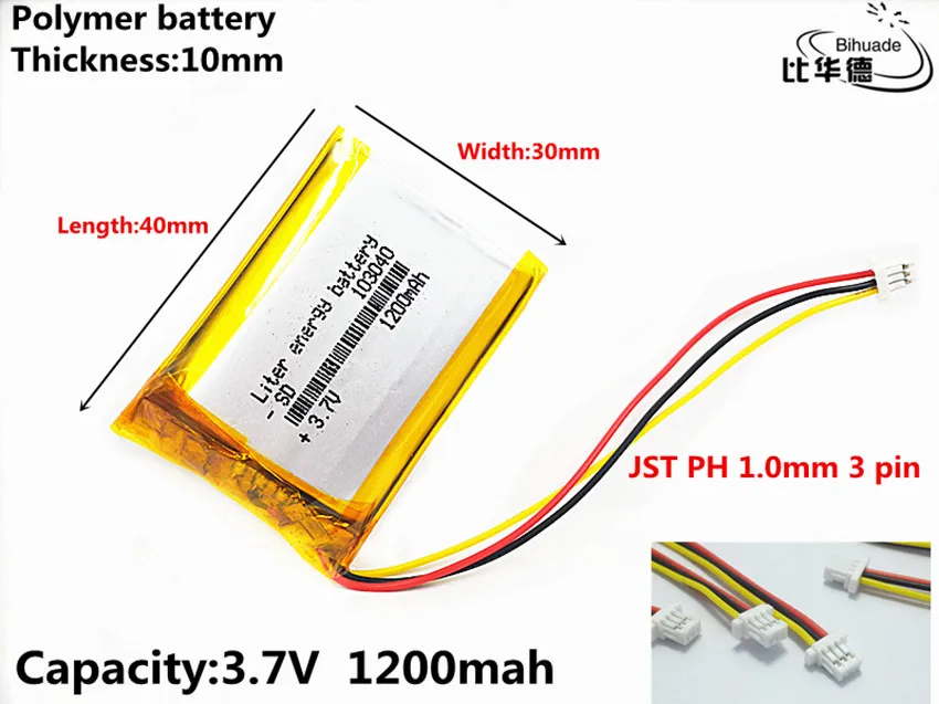 JST PH 1.0mm 3 pin Good Qulity 3.7V,1200mAH 103040 Polymer lithium ion / Li-ion battery for tablet pc BANK,GPS,mp3,mp4
JST PH 1.0mm 3 pin Good Qulity 3.7V,1200mAH 103040 Polymer lithium ion / Li-ion battery for tablet pc BANK,GPS,mp3,mp4