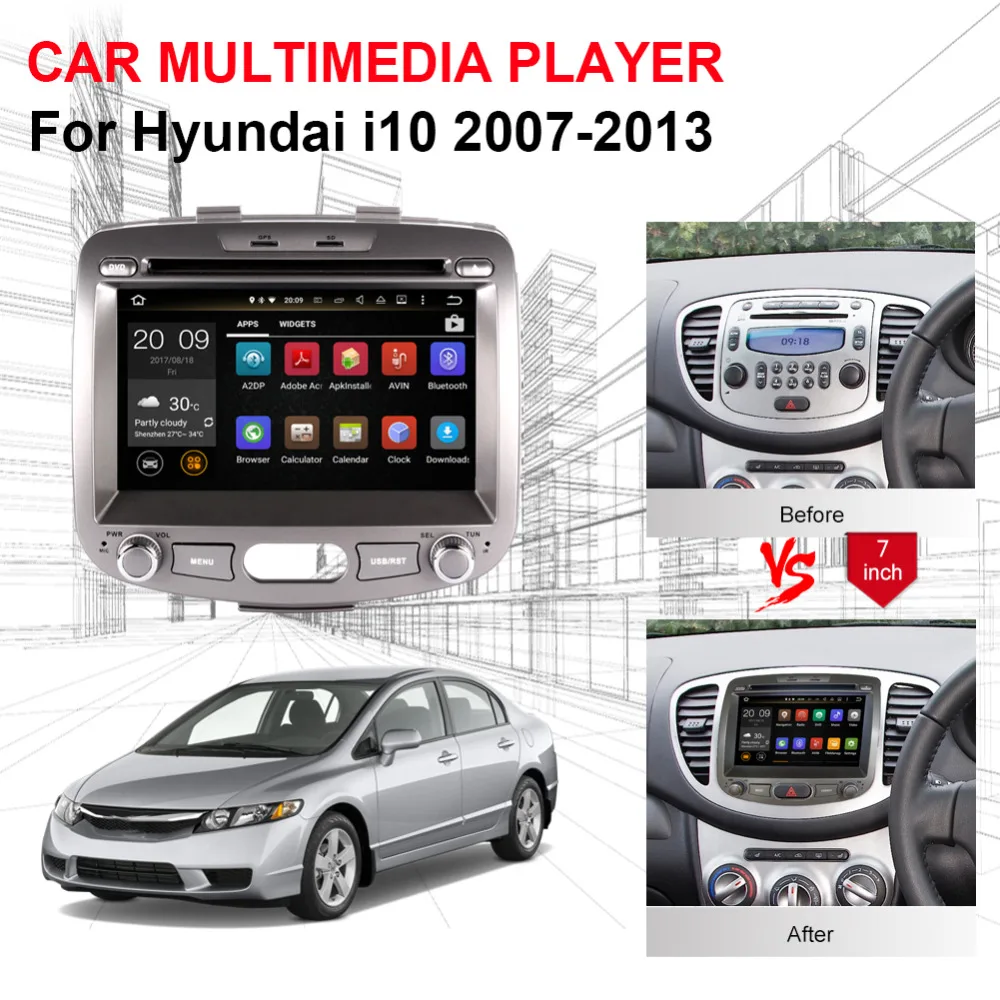 4 ГБ ОЗУ Android 8 0 Восьмиядерный Автомобильный GPS навигатор для Hyundai i10 2007 2013 Авто
