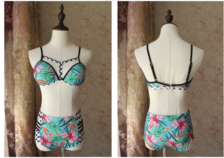 Bikinis Swimsuit Swimwear Biquini Bikini Set Print Floral Striped Flower Women Female | Split Pants Briefs High Waist M L XL Женская