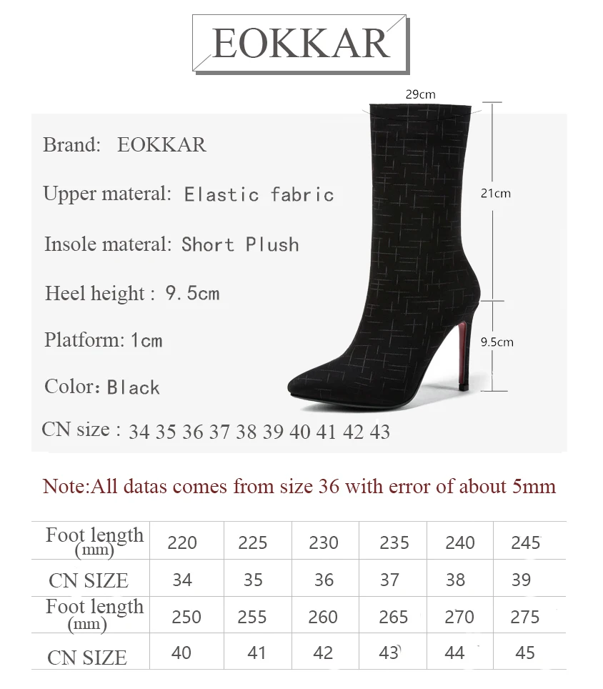 Eokkar 2020 Women Mid Calf Boots Poined Toe Super Thin High Heel Sexy Stretch Fabric Winter Boots Ladies Boots Size 34-43
Eokkar 2020 Women Mid Calf Boots Poined Toe Super Thin High Heel Sexy Stretch Fabric Winter Boots Ladies Boots Size 34-43