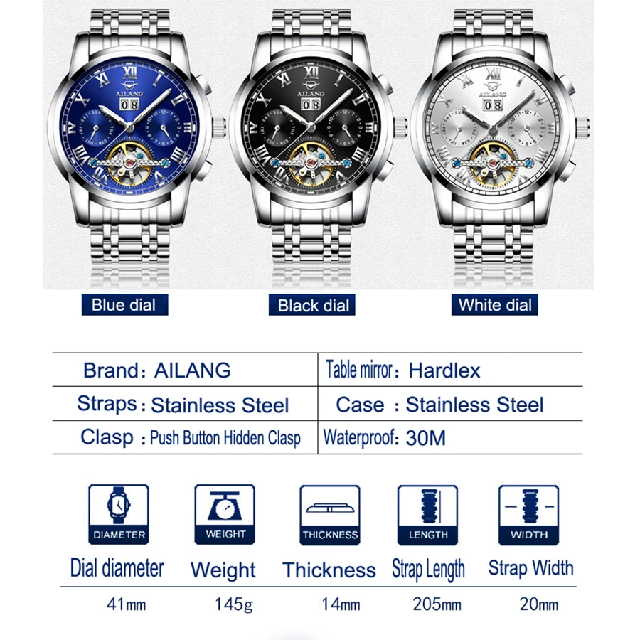 AILANG Tourbillon Mechanical Watch Mens Skeleton Gold Calendar Automatic Watch Men Stainless Steel Waterproof Mecanique Relogio
AILANG Tourbillon Mechanical Watch Mens Skeleton Gold Calendar Automatic Watch Men Stainless Steel Waterproof Mecanique Relogio