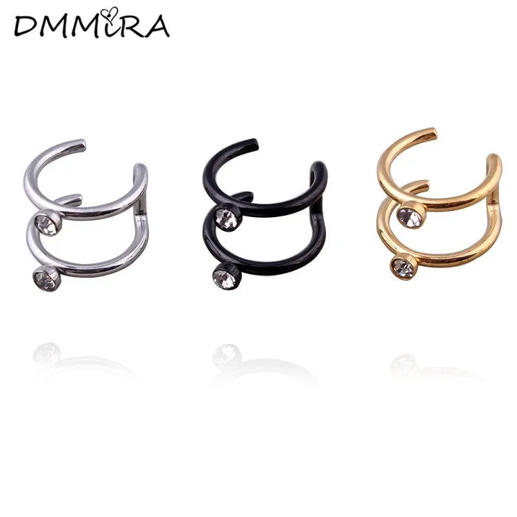 Fashion Women Punk Color Gold Black Titanium Steel Crystal Allergy Double Circle Wire No Hole Hoop Huggie Earrings Jewelry | Украшения и