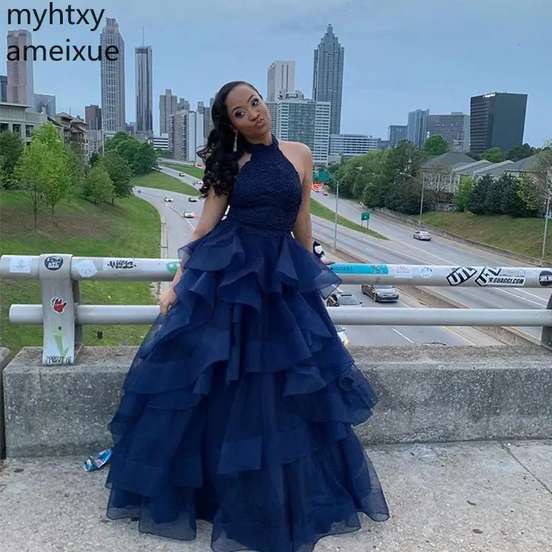2021 Dark Navy A-line Blue Prom Dresses Custom Halter Neck Sleeveless Tiered Skirt Long Vestido De Fiesta Graduacion Plus Size
2021 Dark Navy A-line Blue Prom Dresses Custom Halter Neck Sleeveless Tiered Skirt Long Vestido De Fiesta Graduacion Plus Size