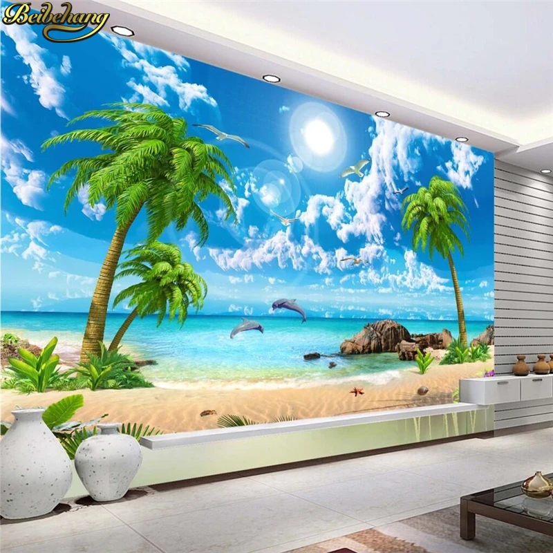 

beibehang Custom Photo Wallpaper Mural Beautiful Dream Sea View Coconut Beach Scenery TV Background Wall papel de parede