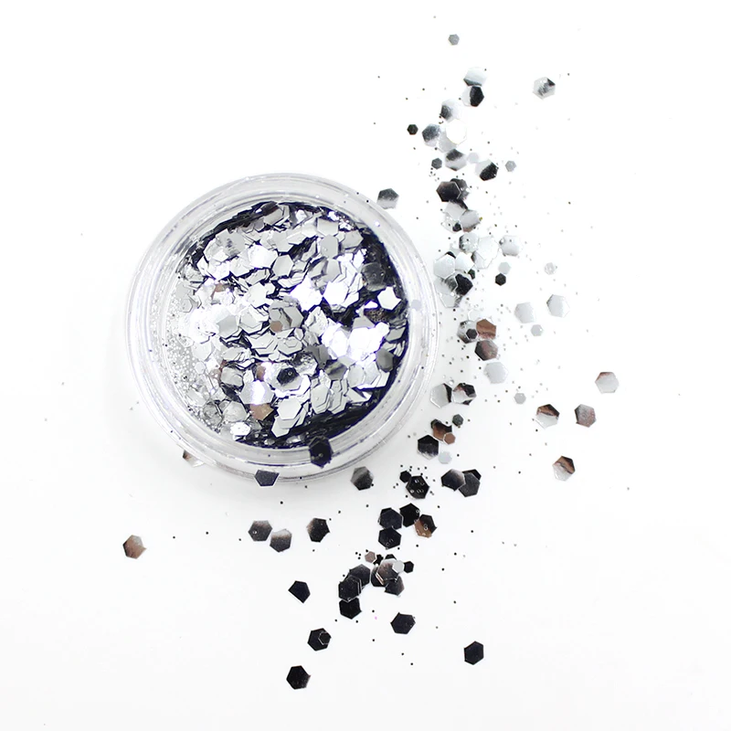12pcs Silver color mix zise Hexagon Glitter Dust Sequin Set French Acrylic UV Gel Polish Tips Powder Sparkly Shiny 3D Nail Art | Красота и