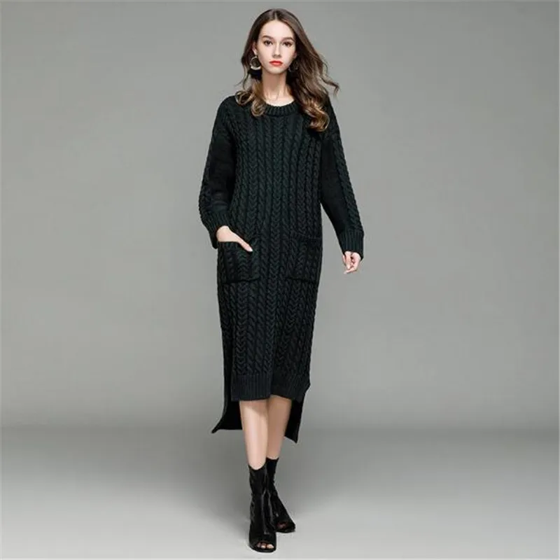 

WKOUD Women Irregularity Knitted Dresses Fashion Candy Colors Dress With Pocket Loose Split Vestidos Mid-Calf Sweater H1125