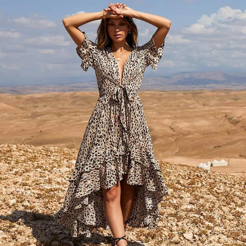 Фото Женское шифоновое платье с леопардовым принтом глубоким V - купить