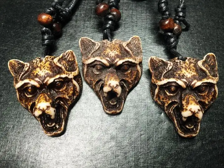 12 pcs Cool Yak Bone Powder Carved Wolf Head Pendant Necklace Choker Gift |