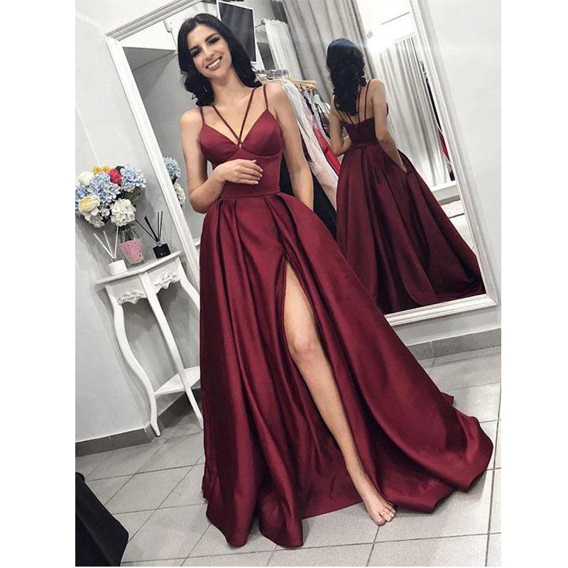 

Burgundy Evening Dresses 2019 elegant Prom Dress with slit women satin formal party gown robe soiree vestido de festa