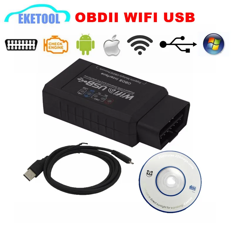 Автомобильный диагностический сканер ELM327 Wi-Fi + USB-кабель OBD2 беспроводной