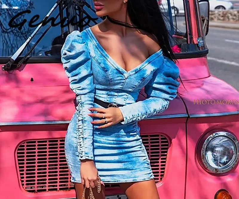 Genuo 2019 New V Neck Ladies Cute Denim Dress Party Club Mini Dress Women Blue Bodycon Dresses Ruffles Sexy Dresses No Belt
Genuo 2019 New V Neck Ladies Cute Denim Dress Party Club Mini Dress Women Blue Bodycon Dresses Ruffles Sexy Dresses No Belt