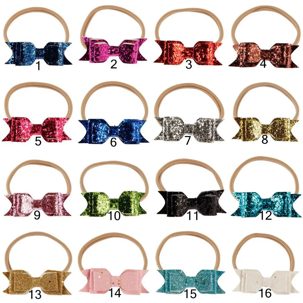 

Yundfly 10pcs/lot Glitter Leather Hair Bow Headband Sequin Bowknot Khaki Nylon Elastic Hairbands Newborn Baby Hair Accessory