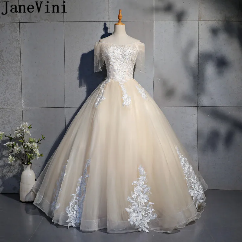 JaneVini Light Champagne Ball Gown Prom Dresses Off Shoulder Pearls Lace Bridesmaid Girls Formal Dress Wedding Party Dress 2018
JaneVini Light Champagne Ball Gown Prom Dresses Off Shoulder Pearls Lace Bridesmaid Girls Formal Dress Wedding Party Dress 2018