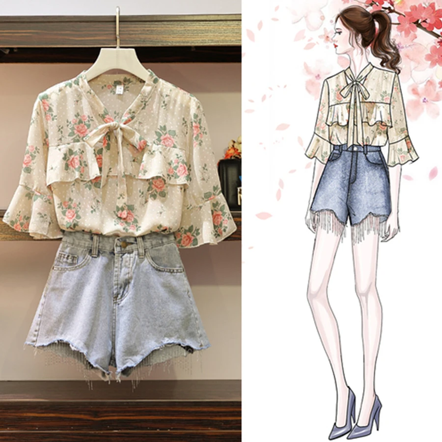 Fashion Floral Blouse + Denim Shorts 2pcs Set Women Sexy V-neck Tops Tassel Hot Shorts Summer Print Shirt Short Jeans 5XL
Fashion Floral Blouse + Denim Shorts 2pcs Set Women Sexy V-neck Tops Tassel Hot Shorts Summer Print Shirt Short Jeans 5XL