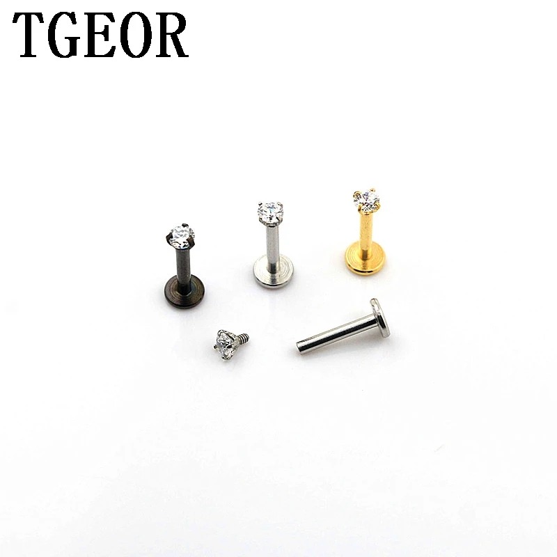 

free shipping Hot 16G lip piercing 30pcs surgical Stainless Steel gem CZ zircon internally thread titanium plated labret ring