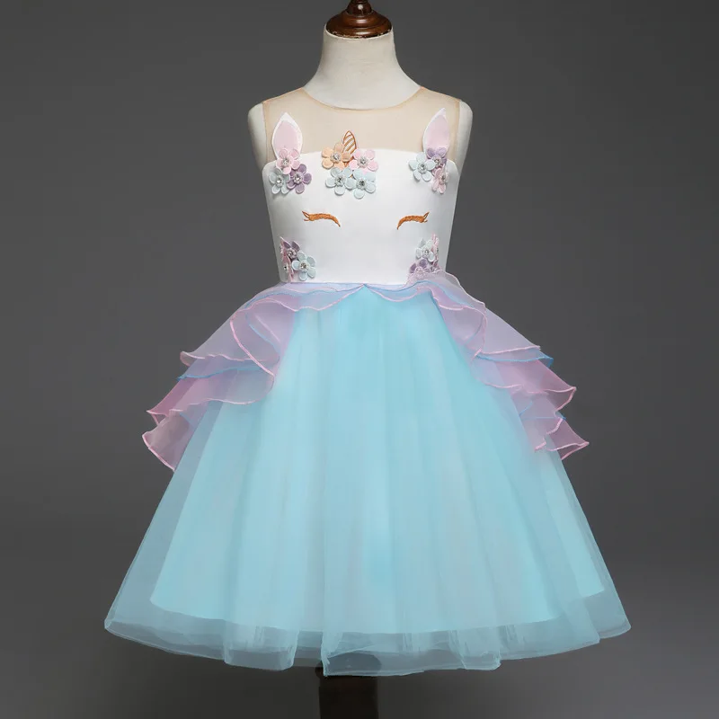 

Free shipping 2018 new unicorn children's princess dress girl's yarn holiday dress wedding party dress birthday gift JQ-2019