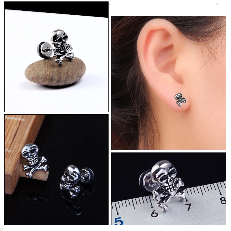 SexeMara 1pc Stylish Pirate Skull Earring Ear Plug Titanium Stainless Steel Rock Hiphop Style Men/Women Pierced Stud | Украшения и