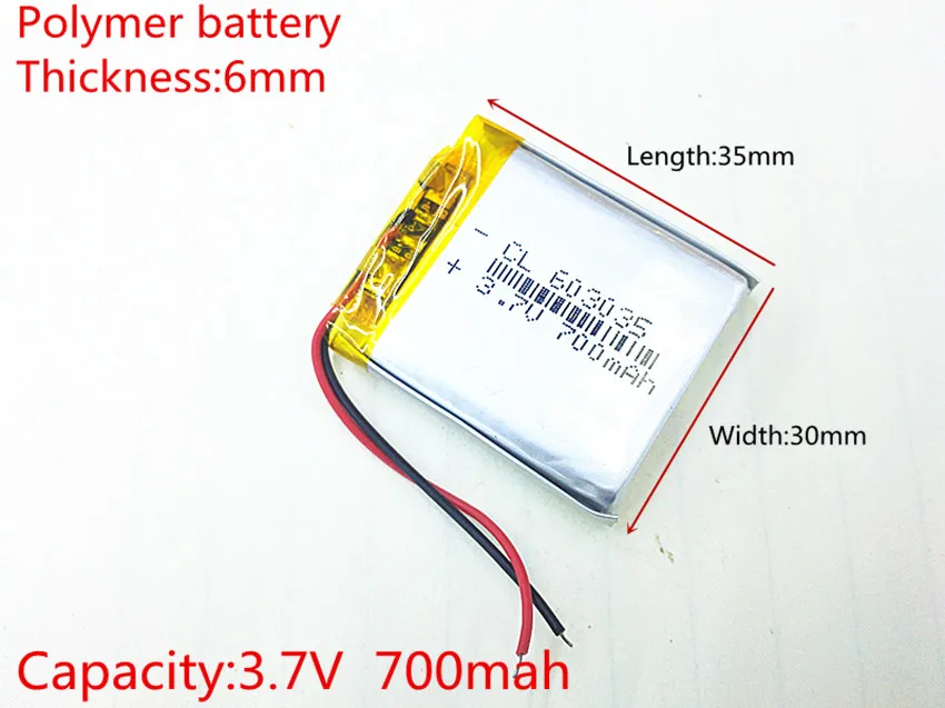 10pcs 3.7V 700mAh 603035 Lithium Polymer Li-Po li ion Rechargeable Battery cells For Mp3 MP4 MP5 GPS PSP mobile bluetooth
10pcs 3.7V 700mAh 603035 Lithium Polymer Li-Po li ion Rechargeable Battery cells For Mp3 MP4 MP5 GPS PSP mobile bluetooth