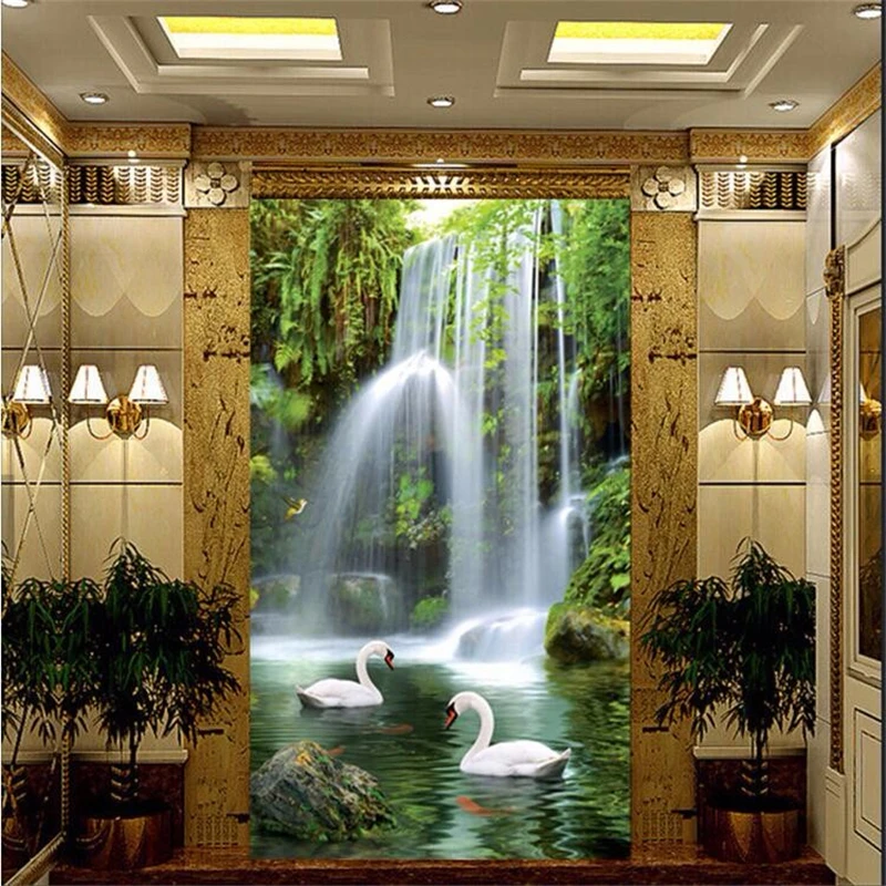 

beibehang wallpaper Swan Lake 3D stereoscopic landscape waterfall landscape corridor restaurants large mural green wall paper