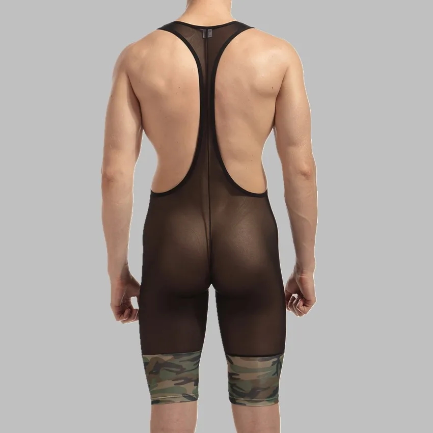 Mens Bodysuit 2017 Sexy Fashion See Camouflage Soft Breathable Underwear Transparent Shorts Bodysuits Boxers Wrestling Suits Men |