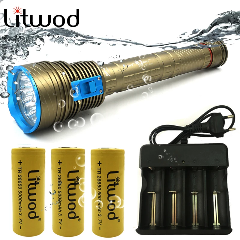 

Z20DX9 Original CREE XM-L T6 9 LED 8000 Lumens Diving Flashlight Torch Light Waterproof Underwater 100m by 26650 Battery Litwod