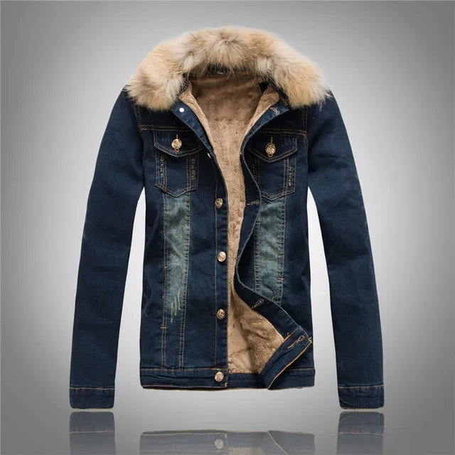 

New Men Winter Deinim Jaket Man's Thick Denim Coat fur collar detachable male plus velvet denim clothes