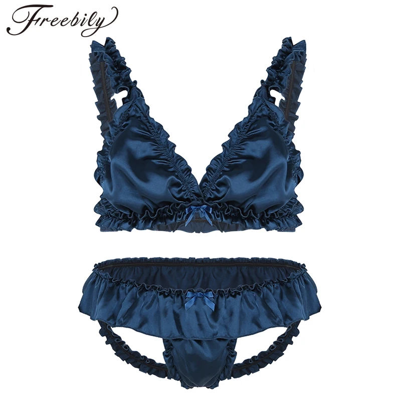 Sexy Mens Lingerie Outfits Sissy Soft Satin Elastic Frilly Ruffled Lingerie Set Bikini Bra Top with Open Back G-string Underwear
Sexy Mens Lingerie Outfits Sissy Soft Satin Elastic Frilly Ruffled Lingerie Set Bikini Bra Top with Open Back G-string Underwear