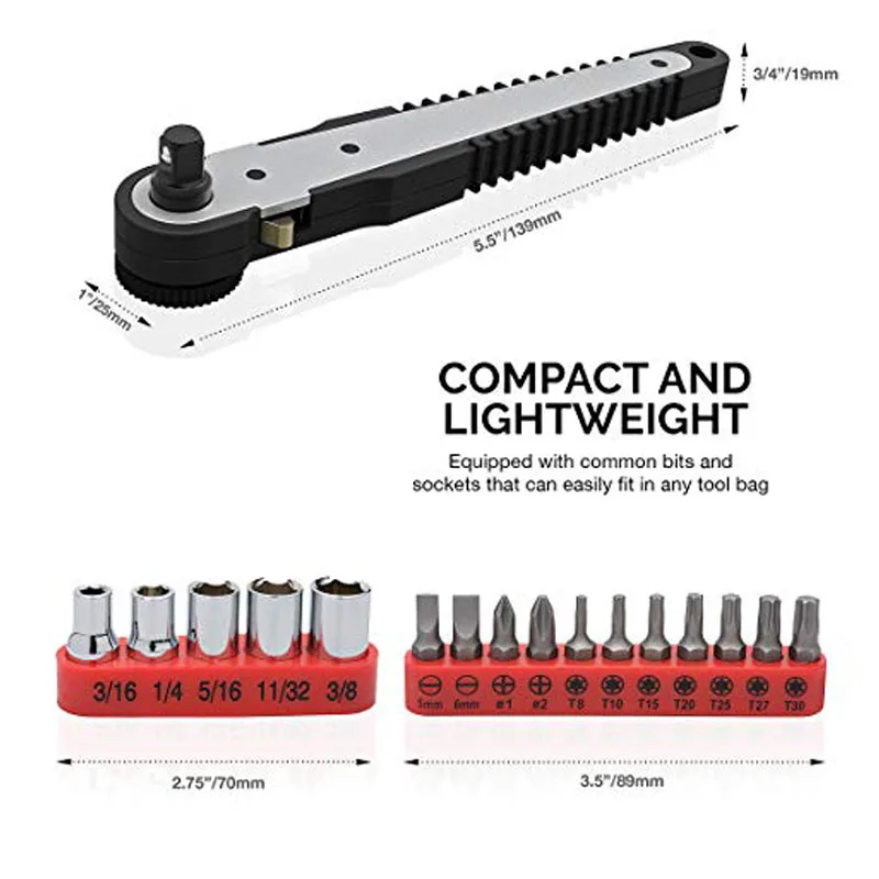 Right Angle 1/4 Inch Dual-Drive Head Mini Ratchet Wrench Screwdriver Bit and Socket 17-Piece Set CR-V Steel
Right Angle 1/4 Inch Dual-Drive Head Mini Ratchet Wrench Screwdriver Bit and Socket 17-Piece Set CR-V Steel