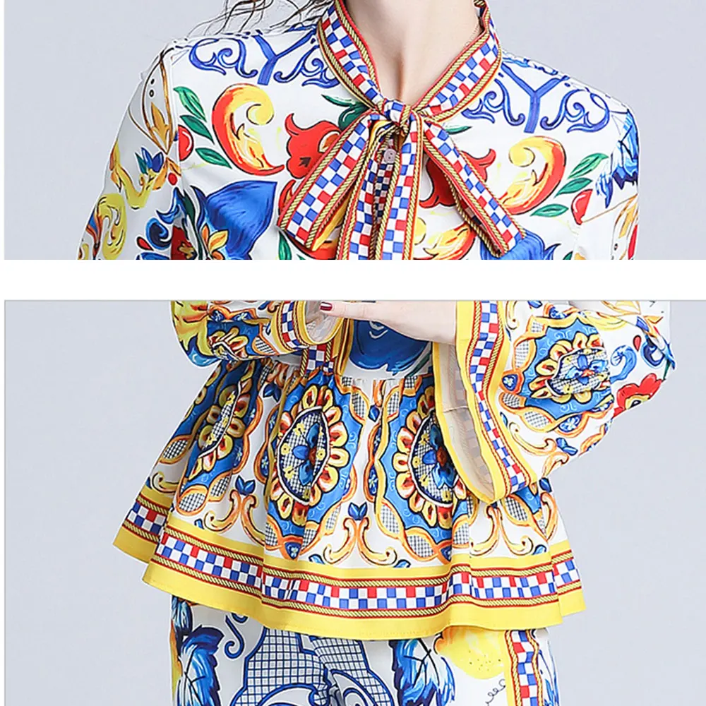 Merchall Fashion Runway Pants Suit Sets Women's Flare Sleeve Bow Collar Print Blouses and Casual Pants Two Pieces Set MC6103
Merchall Fashion Runway Pants Suit Sets Women's Flare Sleeve Bow Collar Print Blouses and Casual Pants Two Pieces Set MC6103